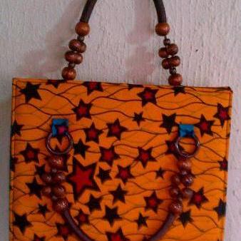 Orange Bead Handle Ankara Bag